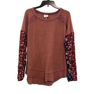 Knox Rose Waffle Knit Floral Sleeve Womens Top Medium Pink Burgundy Multicolor